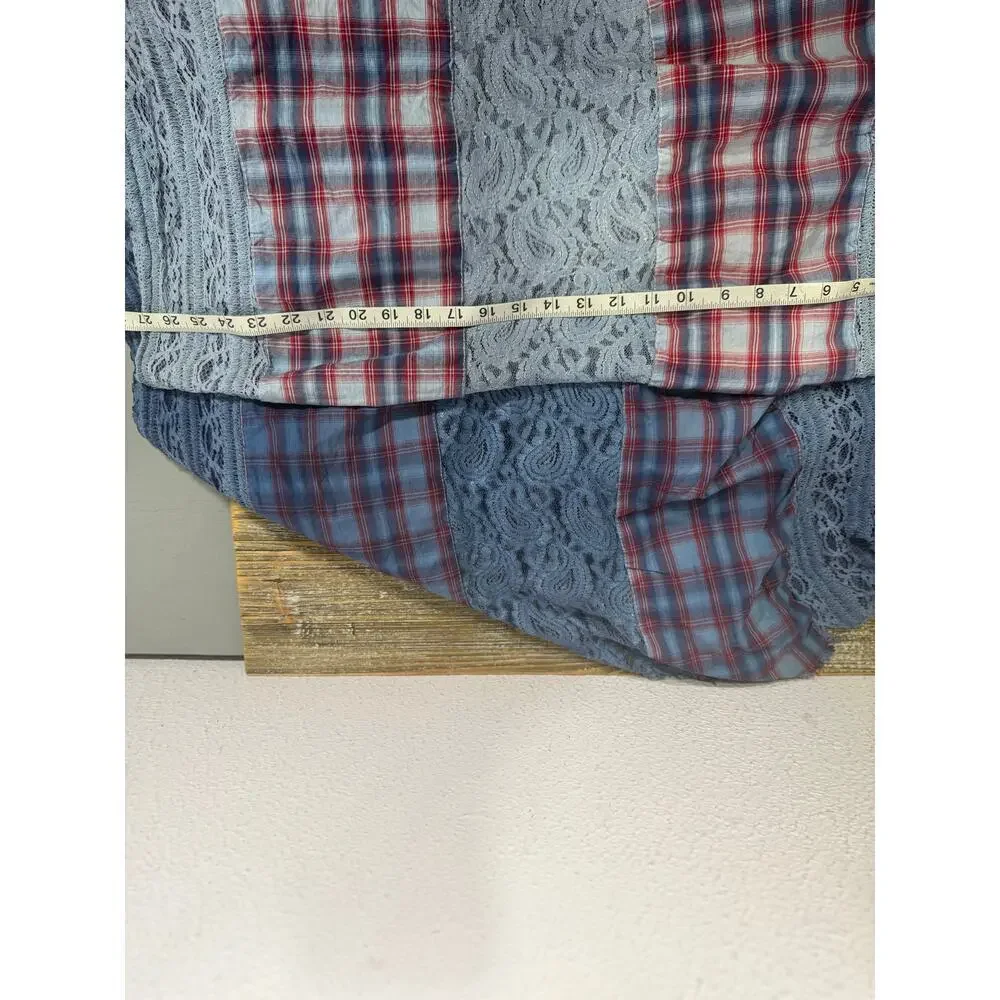 Free People Boho Lace Scarf Patchwork Plaid Cottagecore Oversized Blue Red 27x70